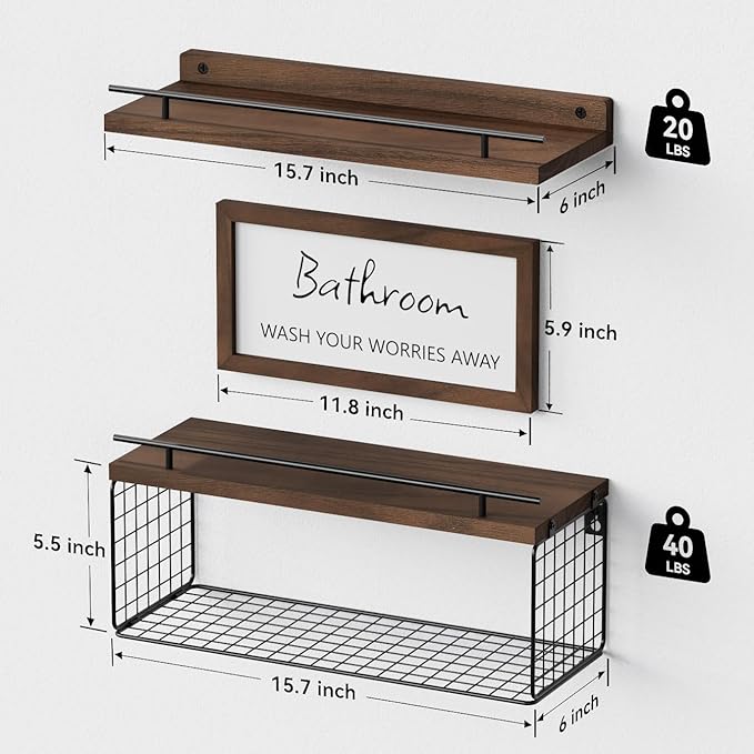 WOPITUES Floating Shelves for Bathroom Wall Decor Sign, Bathroom Organizers and Storage, Bathroom Shelves Over Toilet with Metal Guardrail-Rustic Brown