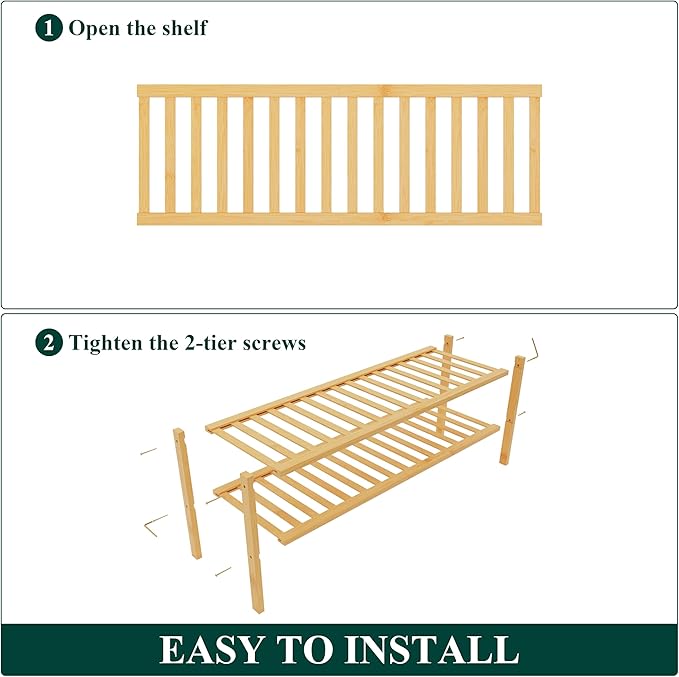 Smiry Bamboo Shoe Rack for Closet, 2 Tier Long Wooden Stackable Shoe Organizer, Free Standing Shoes Storage Shelf for Entryway, Front Door Entrance, Natural