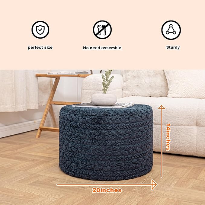 Round Pouf Ottoman 20 x 20 x 14 Inches Boho Poof Home Decor Floor Pouffe Ottoman Foot Rest for Couch Sofa Bean Bag Chairs Living Room Bedroom (Dark Blue)