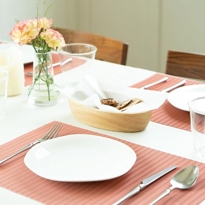 Placemats Set of 12 Vinyl/Plastic Woven Place Mats for Kitchen Table Indoor/Outdoor Washable Placemat Wipeable Dining Table Mats (Red Stripes,12)