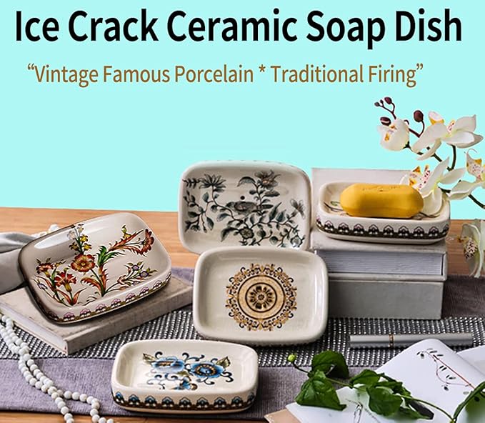 Ceramic Soap Dish Creative Ice Crack Ceramic Clorful Flower Pattern Soap Dish Holder for Bathroom and Shower Soap Tray Box with Drain Gift for Mum Family