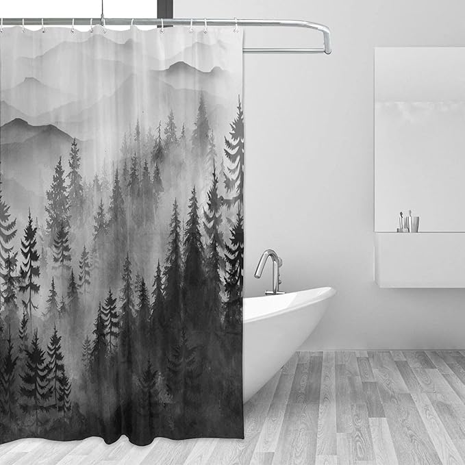 Foggy Mountain Shower Curtain Sets ature Woodland Forest Shower Curtains with 12 Hooks (Forest, 72" x 72")
