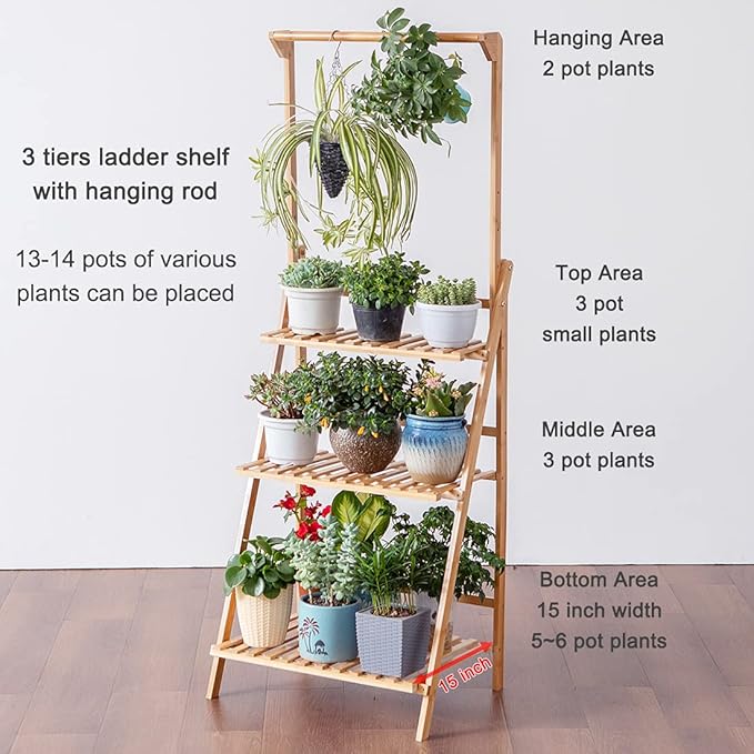 COPREE Bamboo 3-Tier Hanging Plant Stand Planter Shelves Flower Pot Organizer Rack Folding Display Shelving Plants Shelf Unit Holder