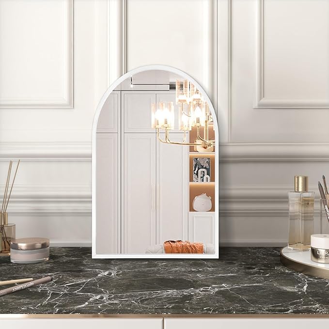 Arched Wall Mirror Aluminum Alloy Frame Bathroom Mirror Brushed Metal Vanity Wall Mounted Mirror for LivingRoom Bedroom Entryway Room Home Decor White 16"x12"