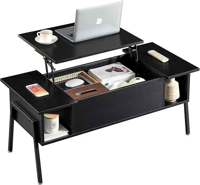 VECELO Wood Lift Top Coffee Table with Hidden Compartment and Storage Shelf for Living Room/Office Reception, Rising Tabletop, Black