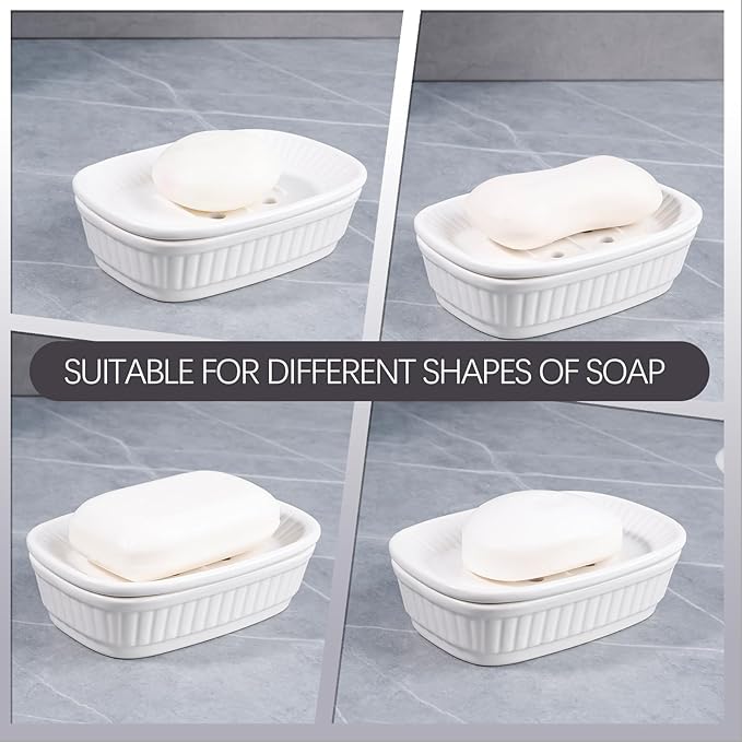 Ceramic Soap Dish, Self-draining Soap Holder, Double Layer Bar Soap Holder, White Draining Soap Dishes for Bathroom Shower Kitchen, Minimalist Vintage Style, Keep Soap Dry, ANTIS'S HOME