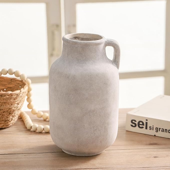 Ceramic Flower Vase Home Decor - 9.7 inch Large White Rustic Table Flowers Vases Living Room Bedroom Plant Decoration Farmhouse Vintage for Kitchen Shelf Office Coffee Dining Desk House Women