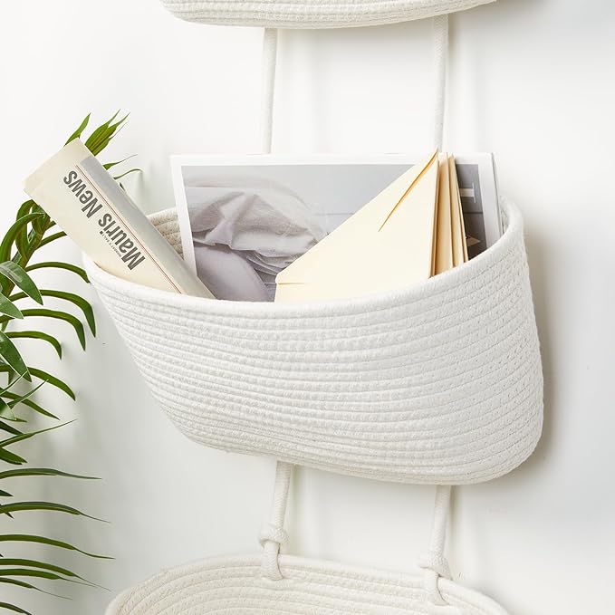 DULLEMELO Hanging Wall Baskets for Decor, 3-Tier Hanging Basket Organizer for Kitchen, White Woven Storage Basket with Door Hooks for Toy Storage