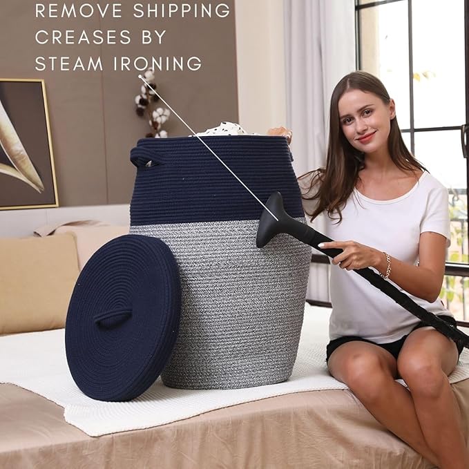 26" x 20" Tall Extra Large Storage Basket with Lid, Cotton Rope Storage Baskets, Woven Laundry Hamper with Cover, Cloth Storage Bin, for Clothes Towels in Living Room, Dark Blue Mix