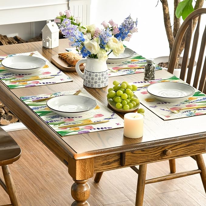 Artoid Mode Lavender Tulip Spring Placemats for Dining Table, 12 x 18 Inch Summer Seasonal Holiday Decoration Rustic Vintage Washable Table Mats Set of 6