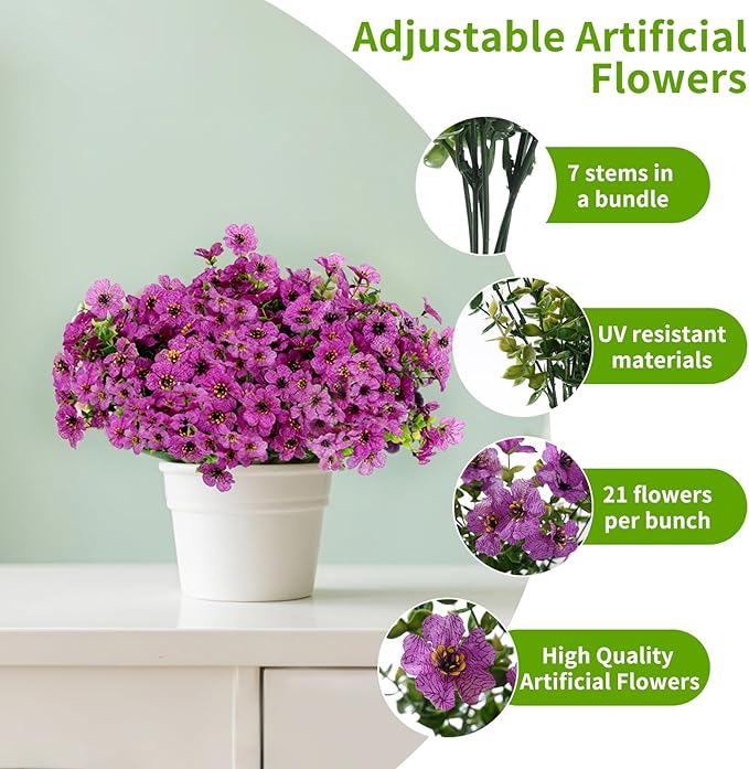 Artificial Flowers Outdoor, Faux Silk Flowers Plastic Plants for Outdoors Indoor Outside Front Porch Hanging Planter Window Box Garden Home Decoration, 14 Bundles(Purple)