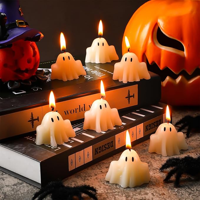 Jutom 10 Pieces Halloween Ghost Candles Burning Candles 2.17 x 1.77 Inches Soy Wax White Halloween Party Decorations