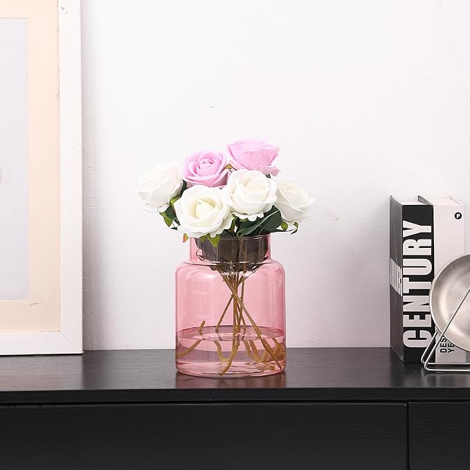 Large Glass Vase, 7 Inch Pink Glass Vase, Large Flower Vases for Bouquet, Wide Mouth Vases for Flowers, Home, Wedding, Living Room, Office Decor
