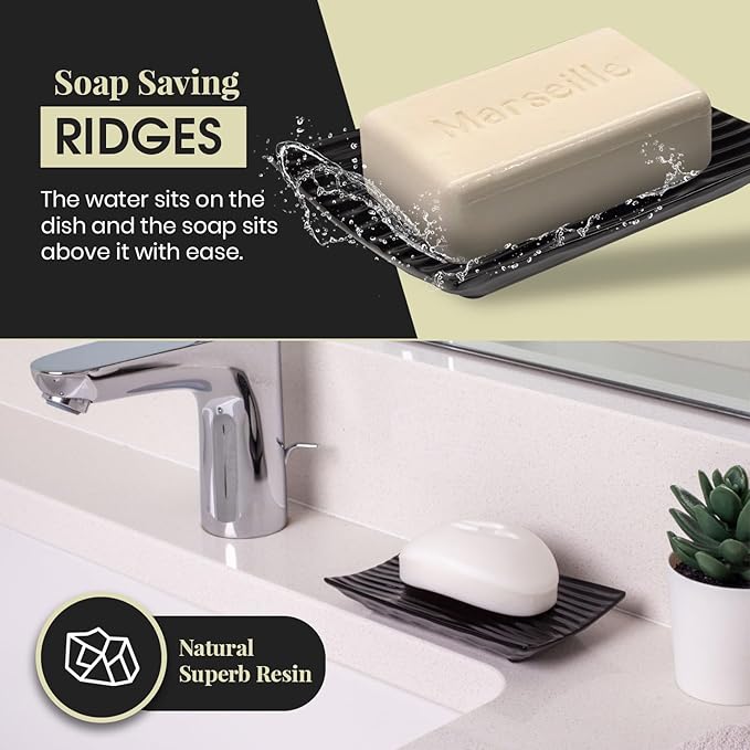 Modern Zen Black Ceramic Soap Dish - 4.9 x 3 Inches Sleek Bathroom Soap Tray - Durable Bar Soap Holder with Soap Saver Ridges, Black Soap Dish for Bathroom, Kitchen, or Shower
