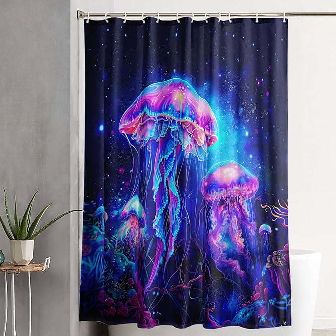 AILONEN Jellyfish Shower Curtain,Cartoon Magic Jellyfish Waterproof Fabric Shower Curtain Set for Bathroom,Boho Style Starry Night Coral Bath Curtain with Hooks for Kids Girls, 72" W*78" H