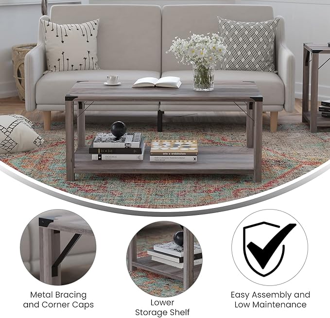 Flash Furniture Wyatt Modern Farmhouse 2 Tier Coffee Table - Gray Wash Engineered Wood Frame - Black Metal Crisscross Side Braces and Corner Accents