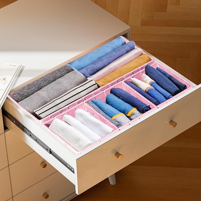 Drawer Organizer, Cube Baskets for Storage Shelves, Handmade Small Woven Basket, Shallow Storage Bins for Organizing Desk, Dresser, Kitchen, Pantry, Nested 7 Pack, Pink