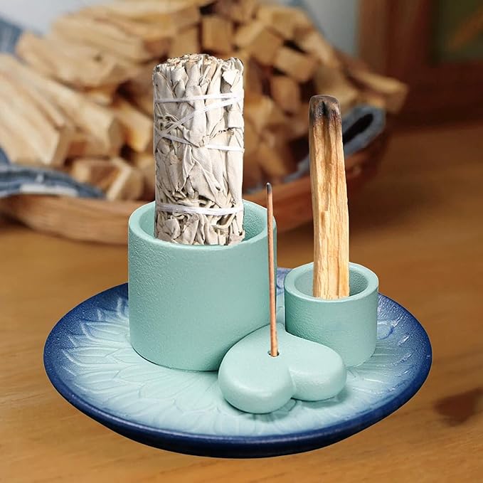 4 in 1 Incense Burner Holder,Incense Sage and Palo Santo Holder,Incense Stick Holder,Ceramic Incense Holder Ash Catcher,for Meditation Room (Black + Blue)