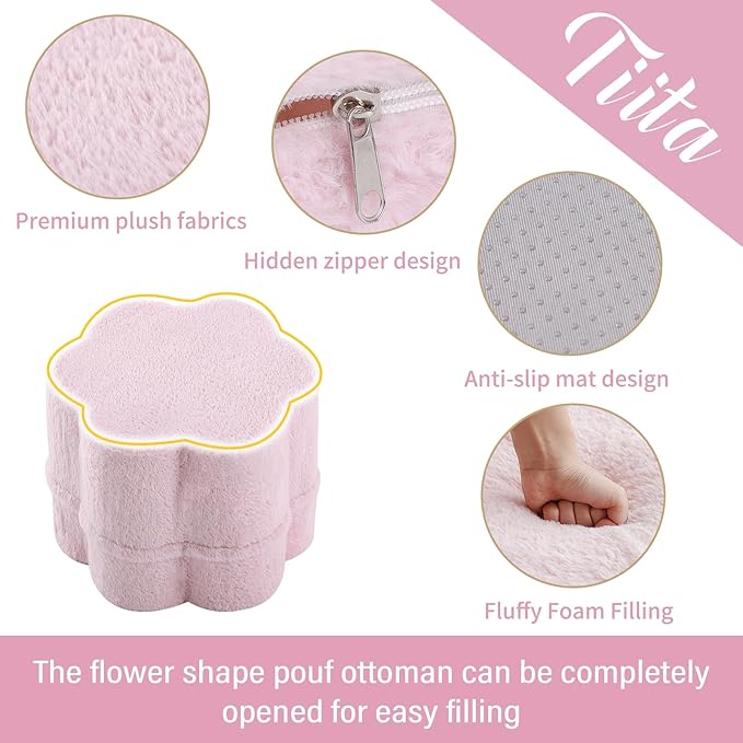 Tiita Floral Pouf Ottoman, Foot Stools Ottoman with Foam Chunk Filling, Puff Foot Rest for Couch, Living Room, Kids Room, Pink