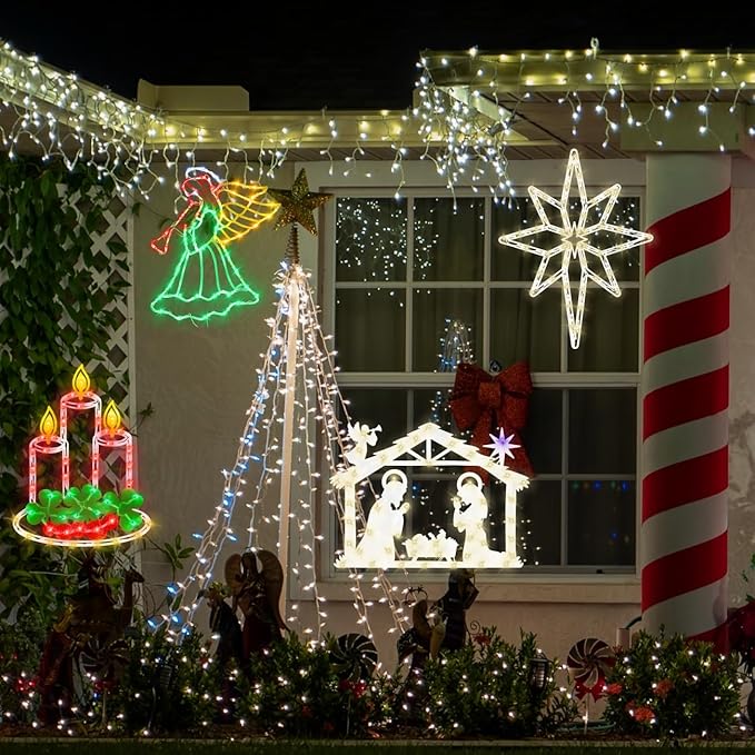 16" Christmas Window Silhouette Lights Decorations - 4 Pack Colour Lighted Angel & Nativity & Bethlehem Star & Candle for Holiday Indoor and Outdoor Wall Door Window Decorate