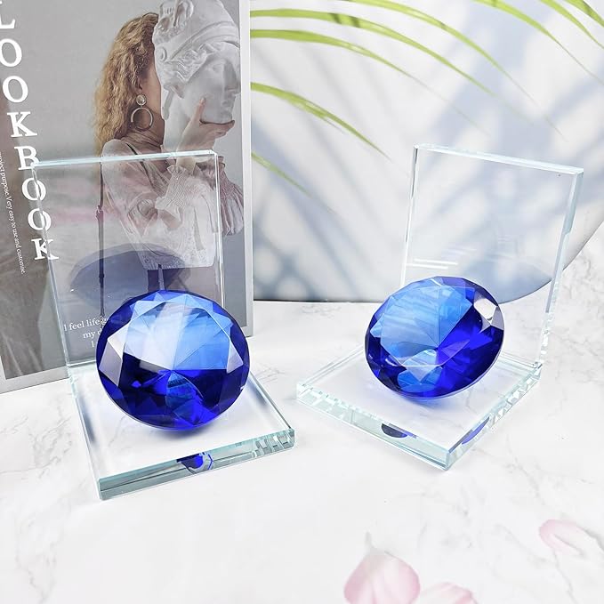 Crystal Bookends Decorative Glass Book Holders Heavy Duty Book Ends with Diamond for Shelf Decor Unique Book Stopper Blue
