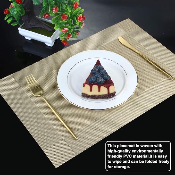 DACHUI Placemats Set of 6, Stylish Woven Place Mats for Dining Table, Washable & Durable PVC Table Mats (Gold)