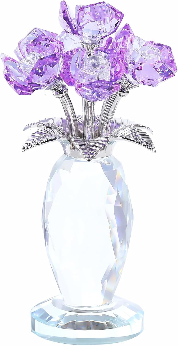 Crystal Purple Rose Bouquet Figurines Gifts for Women Romantic Flowers Ornament for Home Decor Anniversary Birthday Valentine's Day Presents for Girlfriend Wife Partner