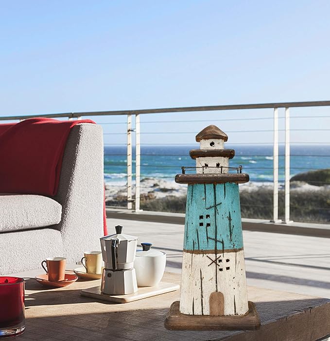 K KILIPES Beach Lighthouse for Bathroom Nautical Home Decor, 13" H Wood Lighthouse Table Decoration Coastal Centerpiece Hand Crafted Lighthouse Sculpture Ocean Decorations (Blue, M)