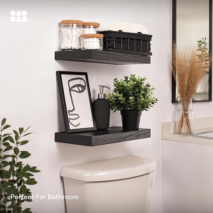 BAOBAB WORKSHOP Wood Floating Shelves for Bathroom Wall - Black Shelf 16 inch - Solid Wood Shelves for Wall for Bedroom Kitchen Living Room - Black Floating Shelves - 16 x 6.7 Inch, Set of 2