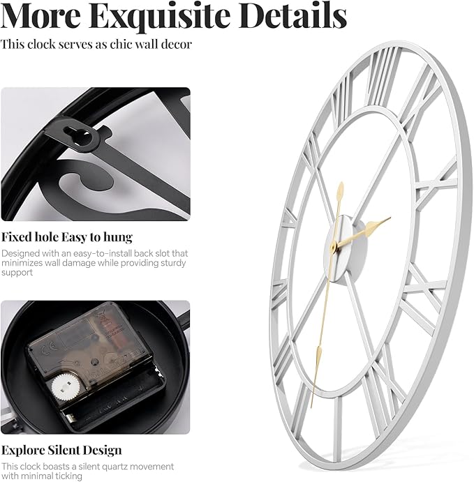 Large 36 Inch Wall Clock Silver, Modern Decorative Metal Wall Clocks for Living Room, Completely Silent Non Ticking Battery-Operated Roman Numeral Analog Round Clocks