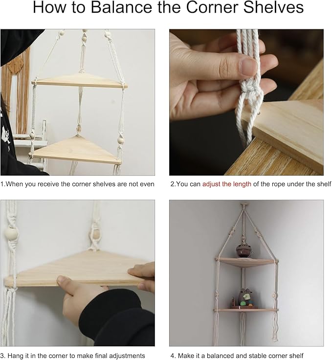 Artilady Corner Shelf White Wall Hanging - 2 Tier Wood Floating Shelves, Rustic Boho Wall Shelf Decor Hand Woven Cotton Rope Storage Rack for Plants Pots Photo Frames (White)
