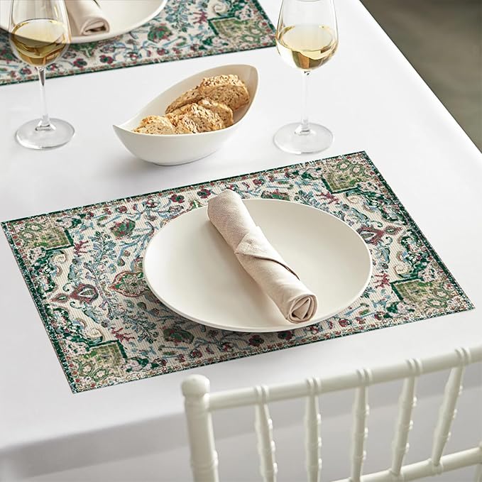 Artoid Mode Green Boho Bohemian Vintage Placemats Set of 4, 12x18 Inch Plastic Woven Washable Non-Slip PVC Place Mats for Party Kitchen Dining Decor