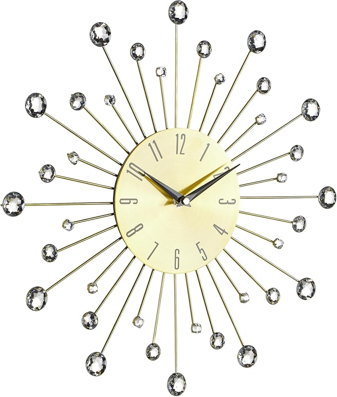 Deco 79 Metal Starburst Decorative Wall Clock With Crystal Accents for Home and Room, 14" x 1" x 14", Gold