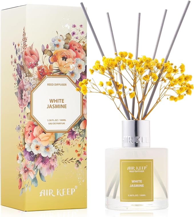 Airkeep Reed Diffuser Set,3.38 fl oz (100 ml) - White Jasmine Oil Diffusers with 8 Reed Sticks, Home Fragrance Reed Diffuser for Bathroom Shelf Decor