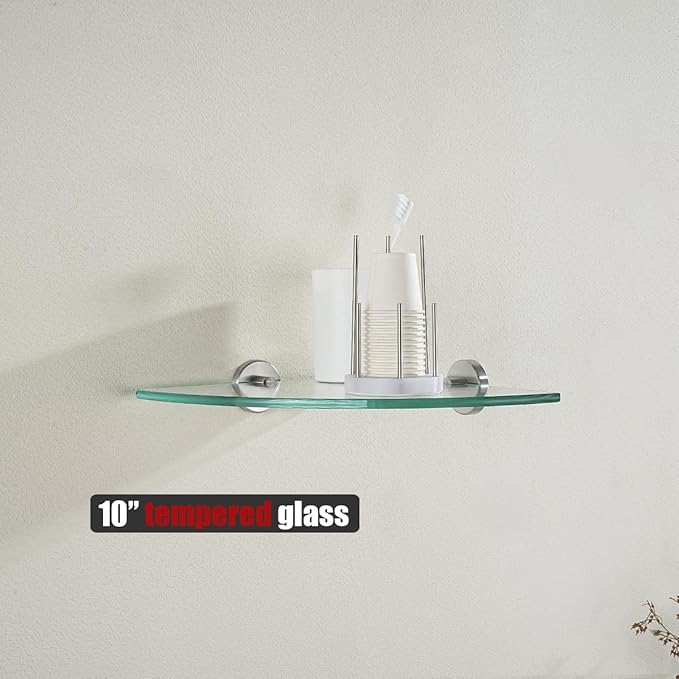 JQK Corner Glass Shelf, Brushed Steel Bathroom 304 Stainless Steel Shower Triangle Floating Wall Shelf, 10 x 10 Tempered Glass, 2 Pack, TGS190L10-BN-P2