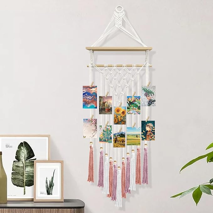 Macrame Wall Hanging Bohemian Photo Display Holder with Wooden Shelf Tassels Decorative LED Light Strings Hooks 20 Clips Boho Art Picture Card Hangers Handmade Tapestry Romantic Gift - Pink