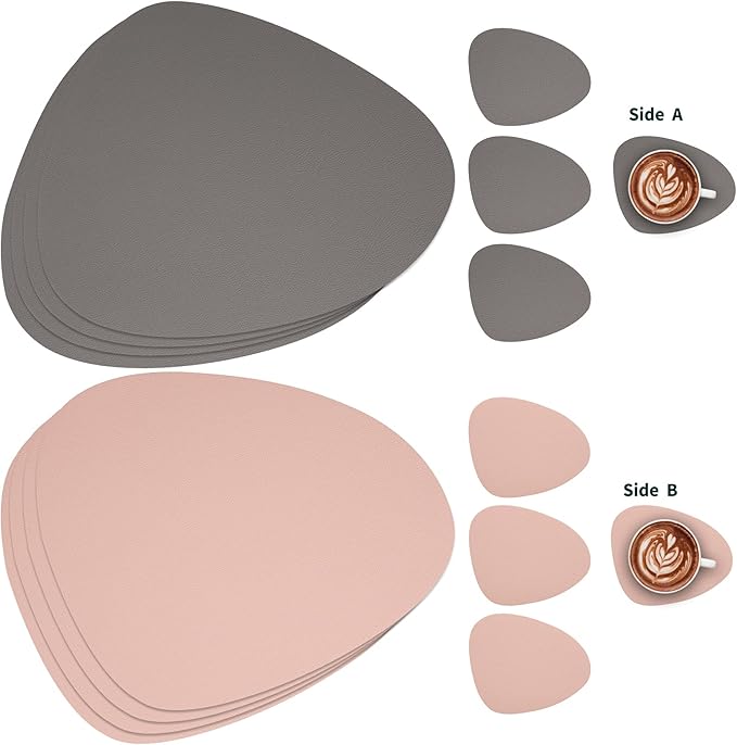 Myir JUN Placemats, Dual-Sided Placemats Waterproof Faux Leather Placemats Set of 4 Place Mats and Coasters Non-Slip Washable Table Mats for Dining Table (Gray Pink, Set of 4)