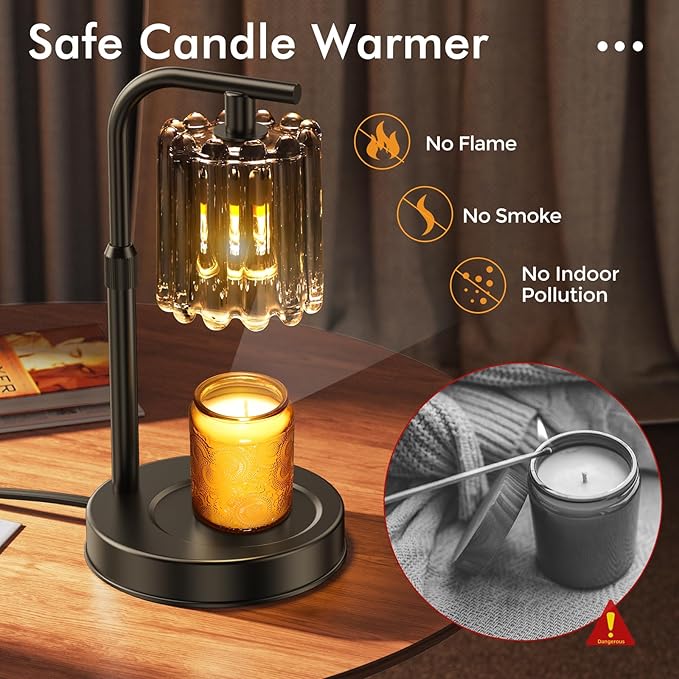 Candle Warmer Lamp with 2 Bulbs, Dimmer Adjustable Height Candle Lamp, 2/4/8H Timer, Home Decor, Candle Warmers for Jar Candles, Thoughtful Gifts for Housewarming, Birthday, Mother's Day, Black