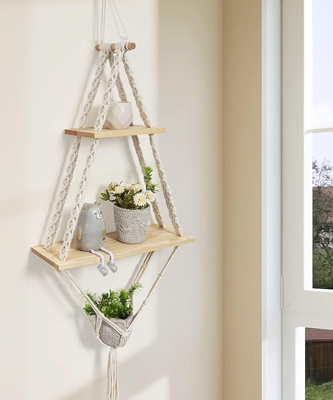 Afuly Hanging Shelves 2 Tiers Macrame Floating Shelf Wall Mounted, Boho Shelf Rack with Pine Wood Handmade Woven Rope for Bathroom Bedroom Living Room Plants Storage Home Decor, with Basket