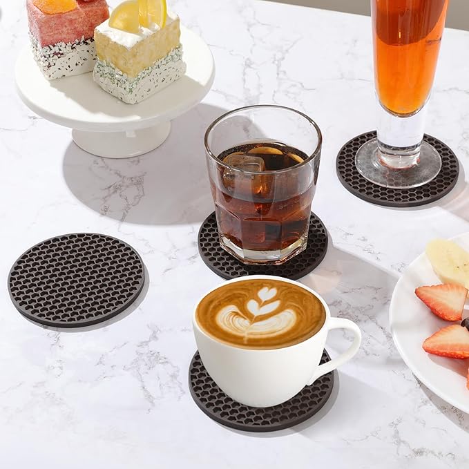 Coasters Set of 6 with Holder,Coasters for Drinks,Coffee Table Decor Coaster,Suitable for Kinds Cups,Anti-Slip,Non-Stick,Silicone Cup Coaster and Living Room Decor (6 Pcs, Coffee)