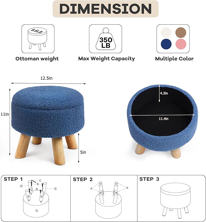 Ottoman Foot Rest, Small Round Ottoman with Storage, Boucle Teddy Velvet Footstool with Wood Legs, Soft Sponge Storage Ottoman for Living Room, Bedroom, Couch, Enterway (Dark Blue)