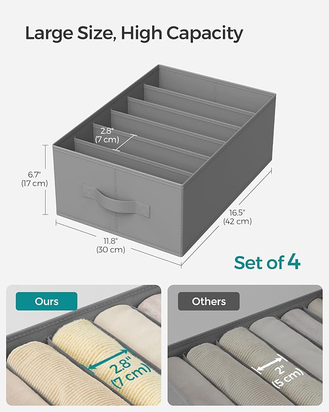 SONGMICS Set of 4 Large Size Wardrobe Clothes Organizers, 6-Compartment Foldable Drawer Organizers with Handles, 16.5 x 11.8 x 6.7 Inches, for Pants, Sweaters, Jeans, Dove Gray URUS009G04