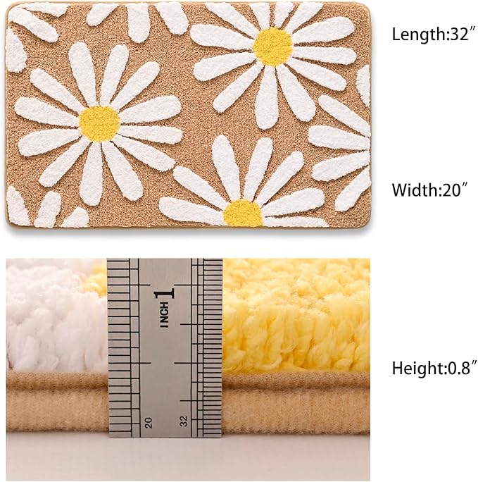 QJHOMO Brown Bathroom Rugs Cute Daisy Bath Mat White and Yellow Flower Decor Rug Non Slip Floor Carpet Microfiber Bathmat Super Absorbent Machine Washable Bathtub Mats for Shower (16x24 inch)