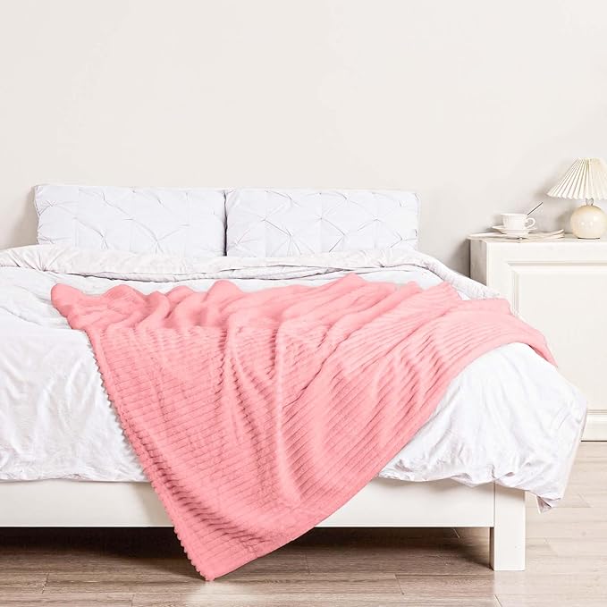 Bnuitland Light Pink Flannel Throw with Storage Pouch,300GSM Super Soft Fleece Stripe Pattern Sofa Blanket for Adults and Kids, Lightweight Cozy Bed Throw for Home Decor All Season