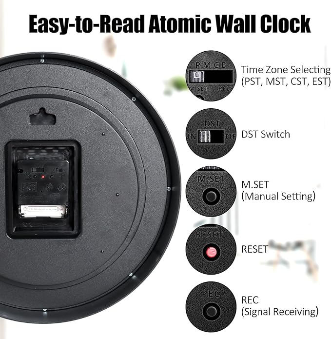 Geevon Atomic Wall Clock 14 Inch, Atomic Analog Wall Clocks Battery Operated, Large Digits Atomic Clock for/School/Classroom/Bedroom/Living Room/Office (Silver Frame)