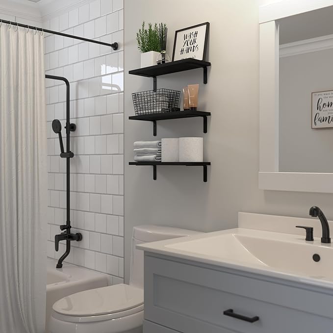 Wall Mounted Shelves, 3 Sets Floating Wood Shelves for Bathroom, Bedroom, Living Room Storage - Black