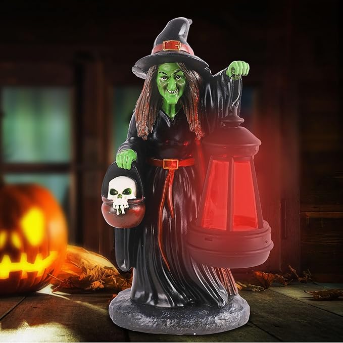 Witch Halloween Decorations with Solar Lantern - Unique Resin Witch Figurine, Ideal Gift for Halloween Lovers, Outdoor Yard Garden Decoration