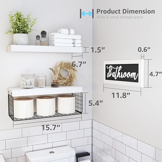 QEEIG Bathroom Shelves Over Toilet - Paper Storage Wall Mounted Farmhouse Decor Decorations Aesthetic Décor Sign Small Floating Shelf 2+1 Set 16 inch, White and Black (020WB)