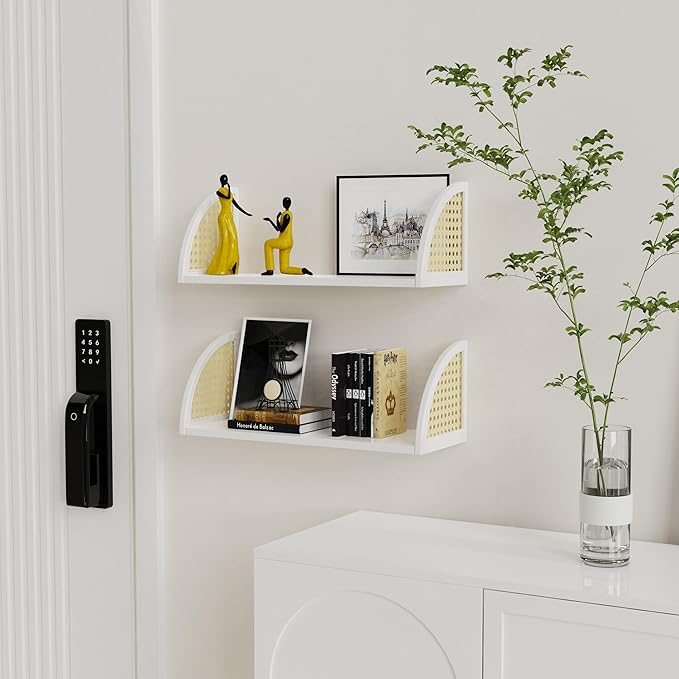 Rattan Wall Shelf 16inch Floating Shelves Rustic Wood Wall Mounted Storage Shelves for Living Room Bathroom Kitchen Boho Wall Decor,White
