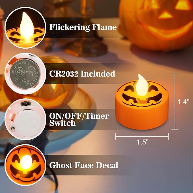 DRomance Halloween Flameless Votive Candles Battery Operated with 6H Timer, 12 Pack Spooky Face Decal LED Flickering Pumpkin Tea Lights Candles Fall Indoor Decoration(1.5" D x 1.4" H)